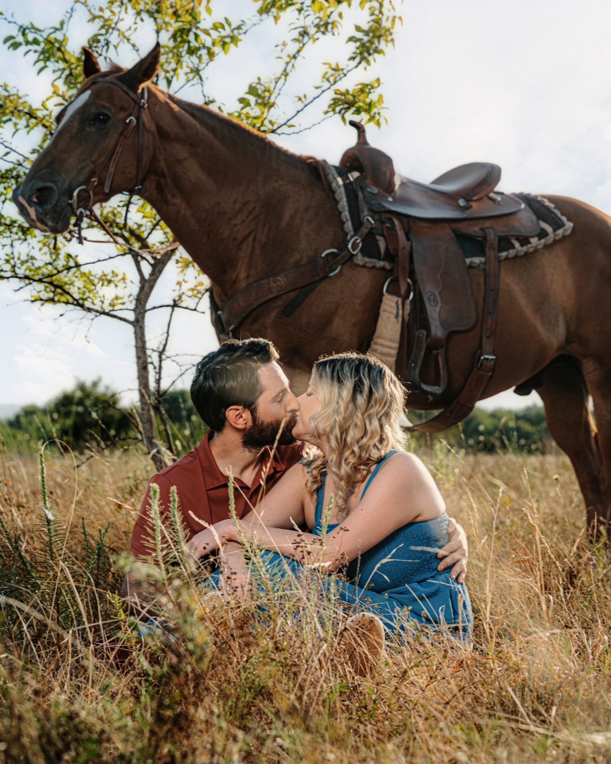 Engaged couple seated beneath a horse in a golden field