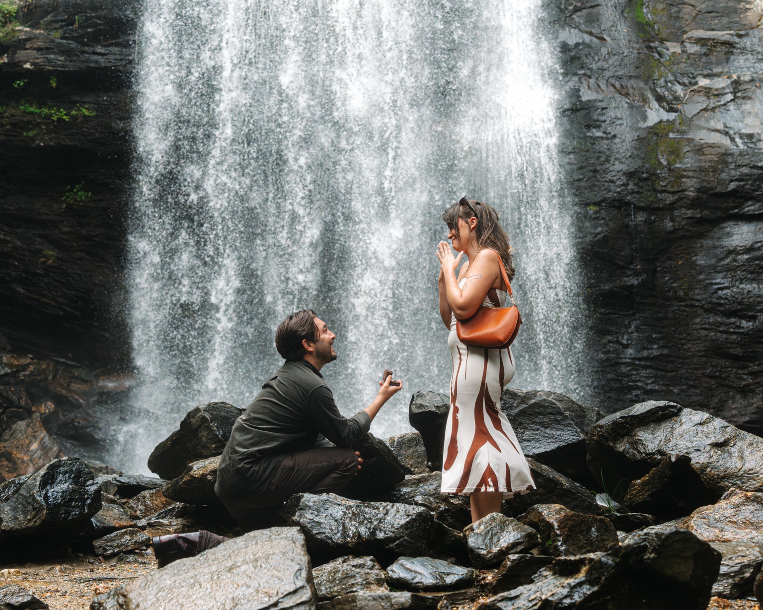 A surprise proposal beneath Looking Glass Falls near Brevard, North Carolina